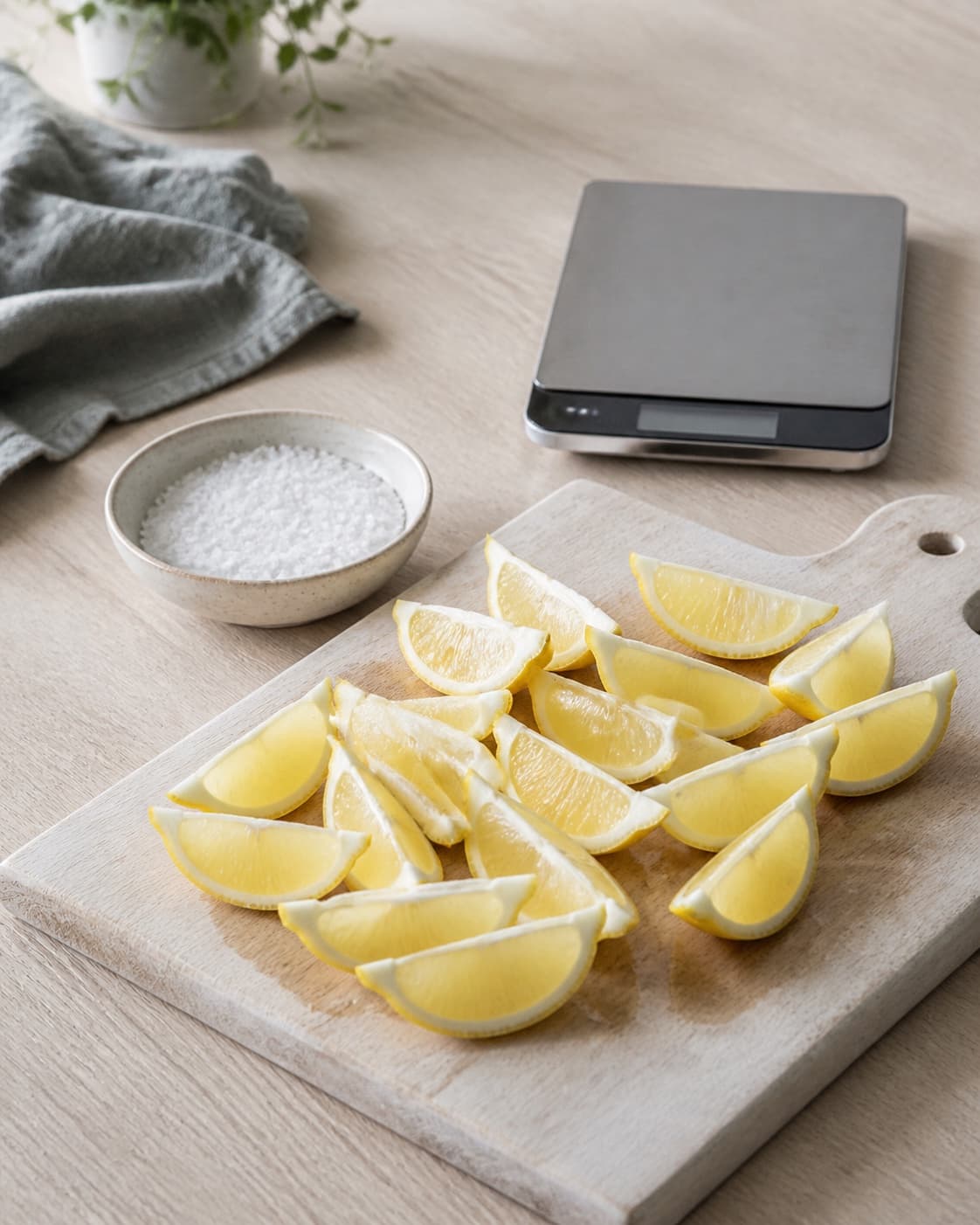 jævne citronbåde med gul skal ligger i saftrille på lyst bræt ved siden af en lille skål afmålt groft salt og ren køkkenvægt; kontroltegnet er citronbådene er jævne med intakt gul skal, kernerne er fjernet, og den afmålte saltmængde svarer til 15 procent af citronvægten