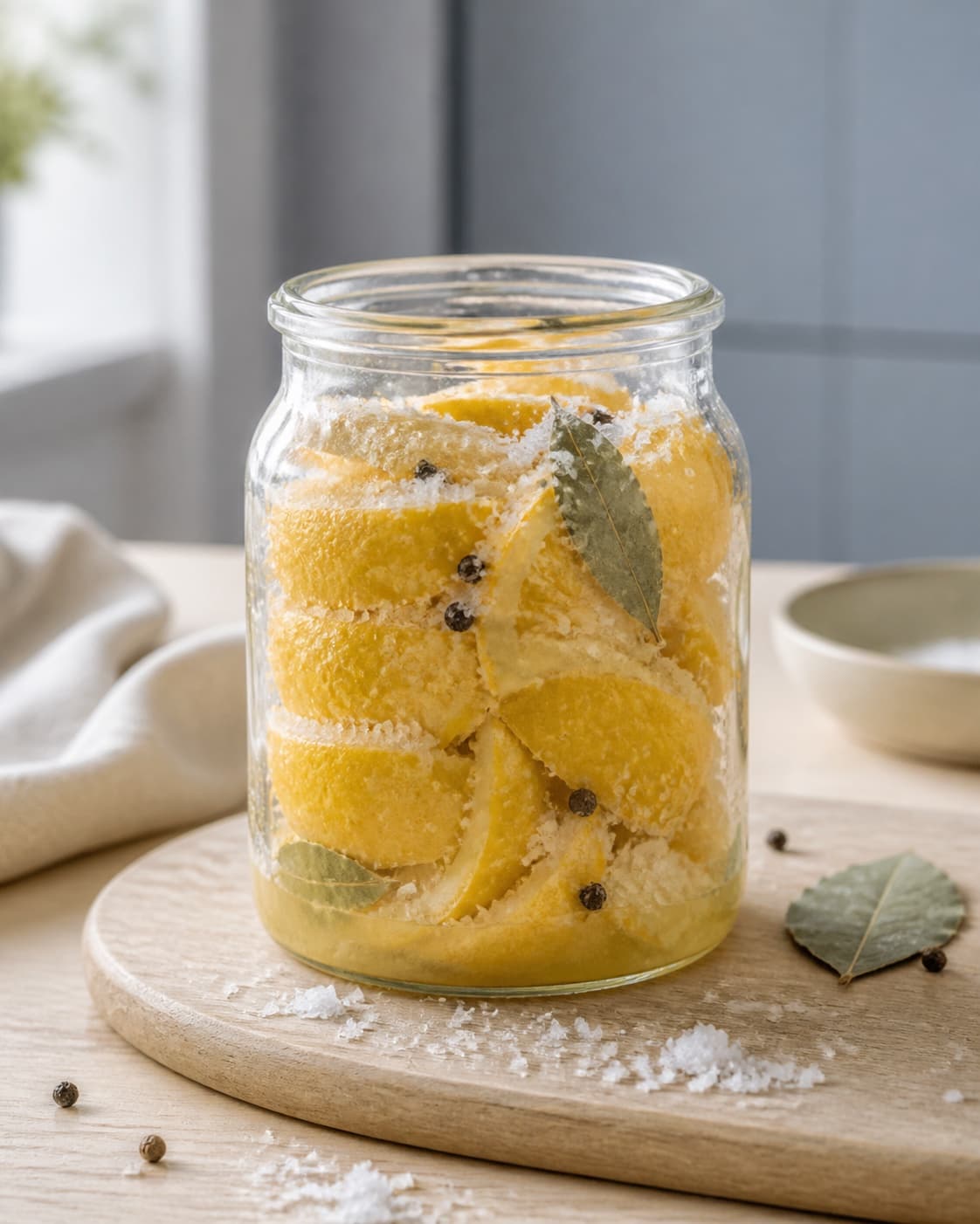 saltglinsende citronbåde pakkes tæt lagvis i et klart glas med laurbær og hele krydderfrø og næsten ingen synlige luftlommer; kontroltegnet er alle skæreflader er dækket af salt, citronerne ligger kompakt uden store luftlommer, og saften begynder at samle sig mellem bådene