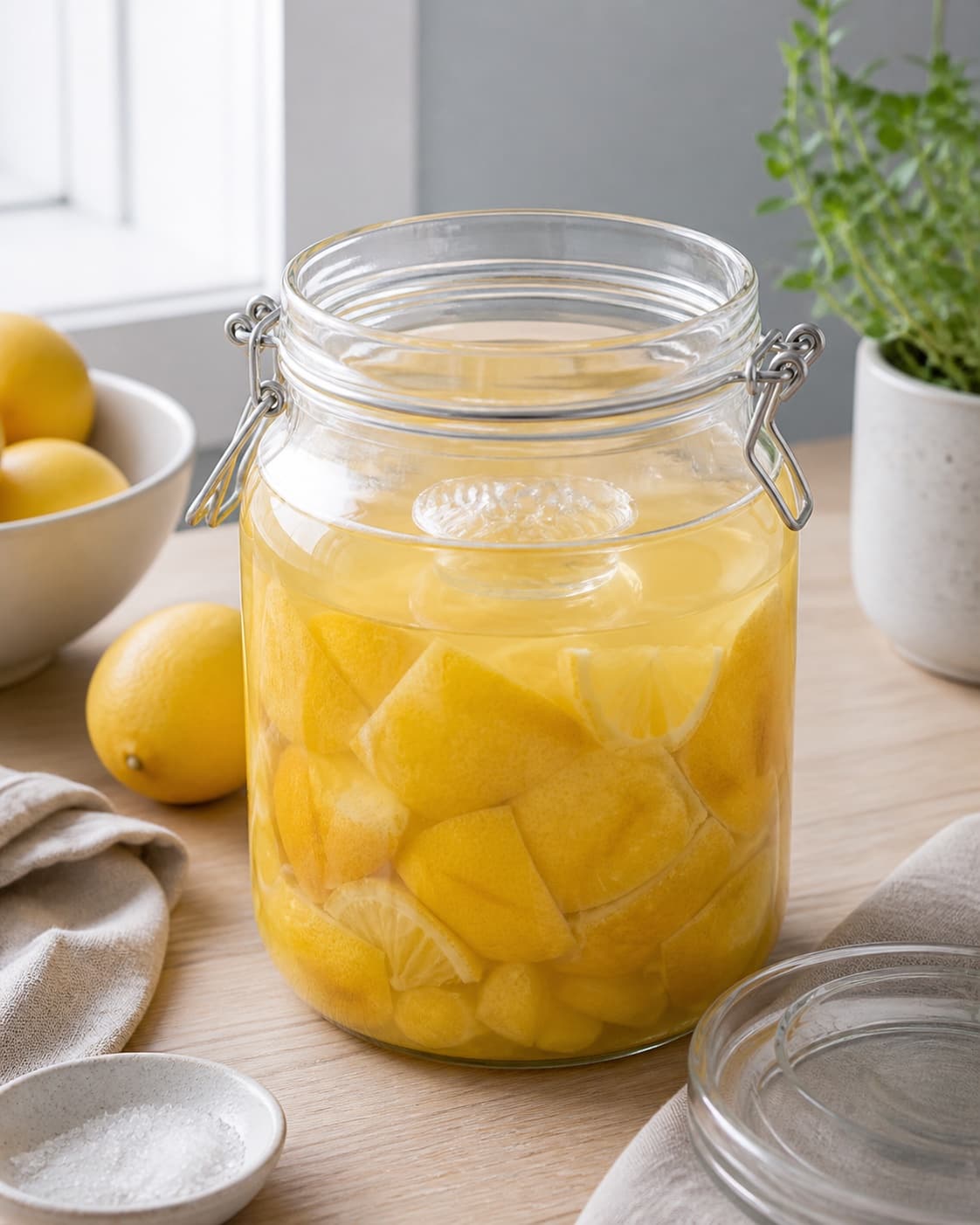 klart glas er fyldt med tætte citronbåde helt under gul citronsaft med ren glasvægt og synligt tørt rent glas ved kanten; kontroltegnet er alle citronstykker er helt dækket af klar-gul saft med mindst én centimeters væske over og en tør ren glaskant