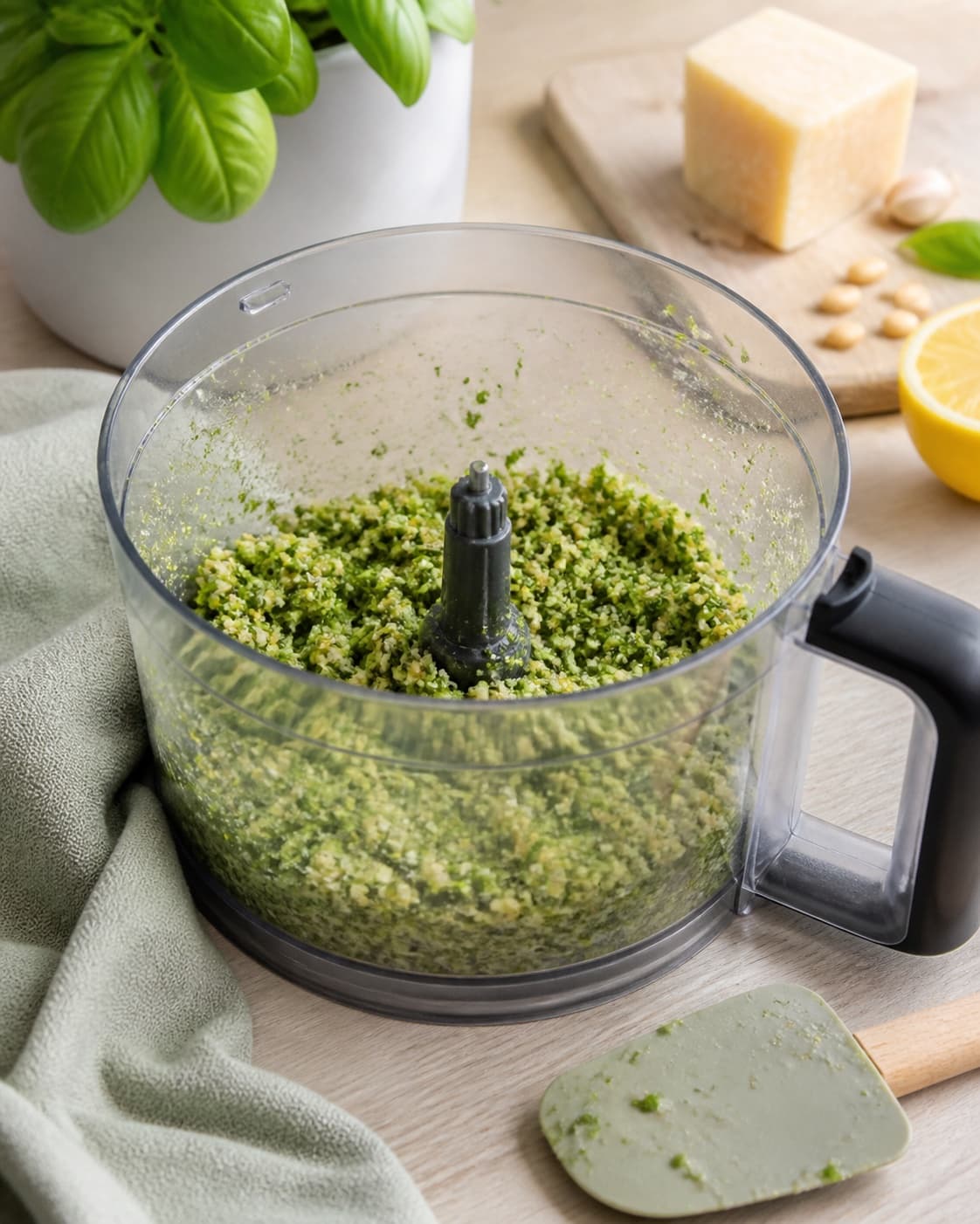 grov klart grøn basilikummasse med synlige fine nødde- og ostestykker sidder lavt i en åben foodprocessor ved siden af ren dejskraber; kontroltegnet er massen er klart grøn og grov med små ens blad- og nøddestykker uden mørk, varm eller helt glat puré