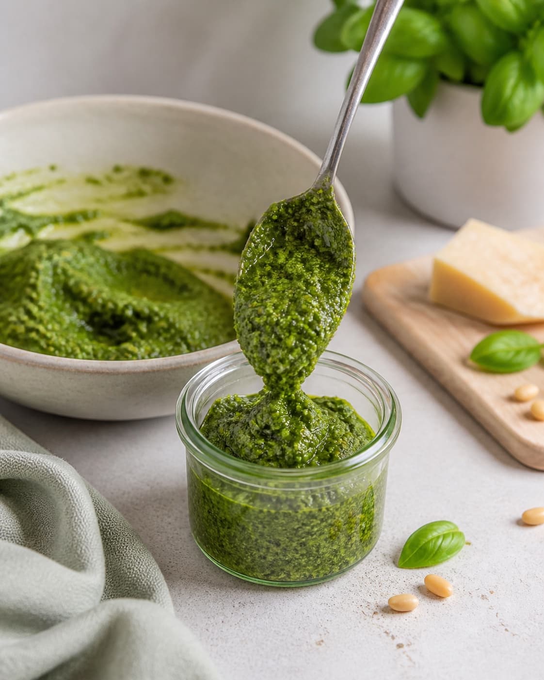 frisk grov grøn pesto røres ske-fast i en kold lys skål og fyldes i en helt ren lille udekoreret beholder over et køligt underlag; kontroltegnet er pestoen er frisk grøn, blank og grov, holder en blød ske-rille og er højst 5 °c uden frit vand