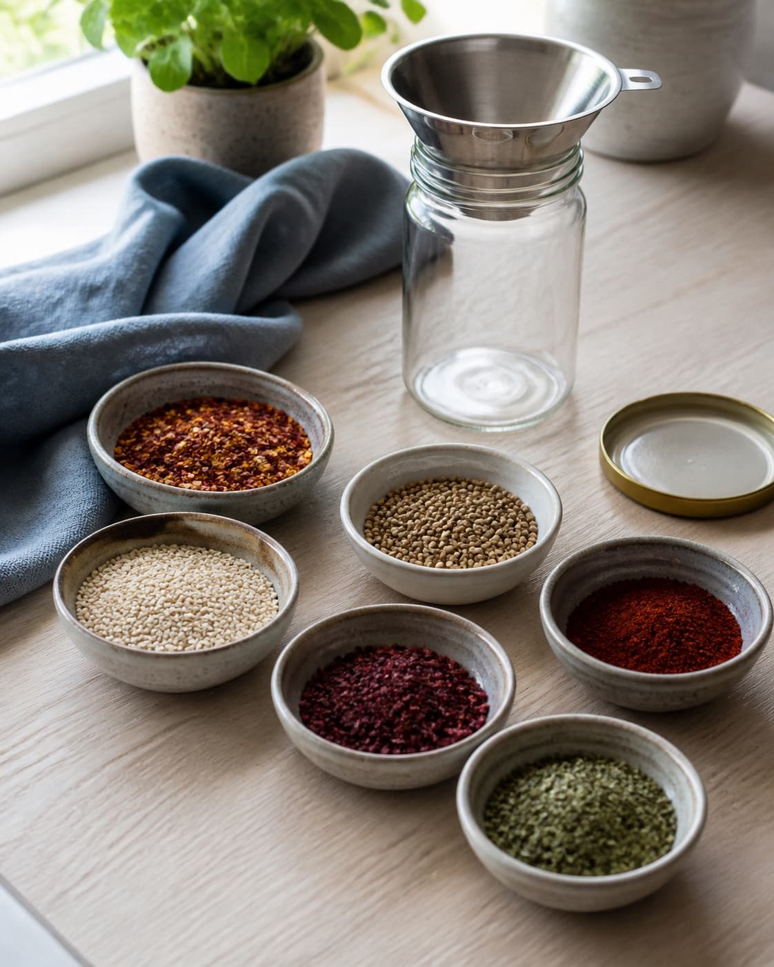 helt tørre chiliflager sesam hele krydderfrø paprika sumak og mynte står adskilt i små skåle ved siden af tørt klart glas og låg; kontroltegnet er alle krydderier er helt tørre og dufter rent, og skål, tragt, glas og låg er uden vand, skår eller kondens