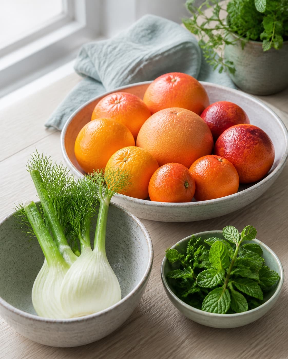 hele vaskede appelsiner grapefrugter blodappelsiner og clementiner ligger tørre ved siden af skyllet fennikel og friske mynteblade i separate rene skåle; kontroltegnet er frugterne er faste og rene uden mug, fenniklen er sprød, og mynten er frisk uden slimede eller sorte blade