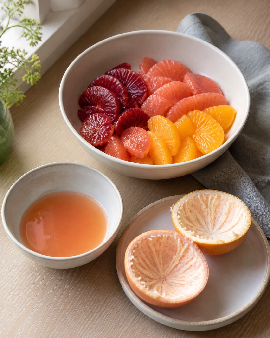 orange rosa og dybrøde citrusfileter ligger adskilt i en lys skål over en mindre skål med klar opsamlet saft og synligt rene afskårne hinder; kontroltegnet er fileterne er hele og blanke uden sej hvid marv, og den opsamlede saft er ren uden kerner eller bitter skal
