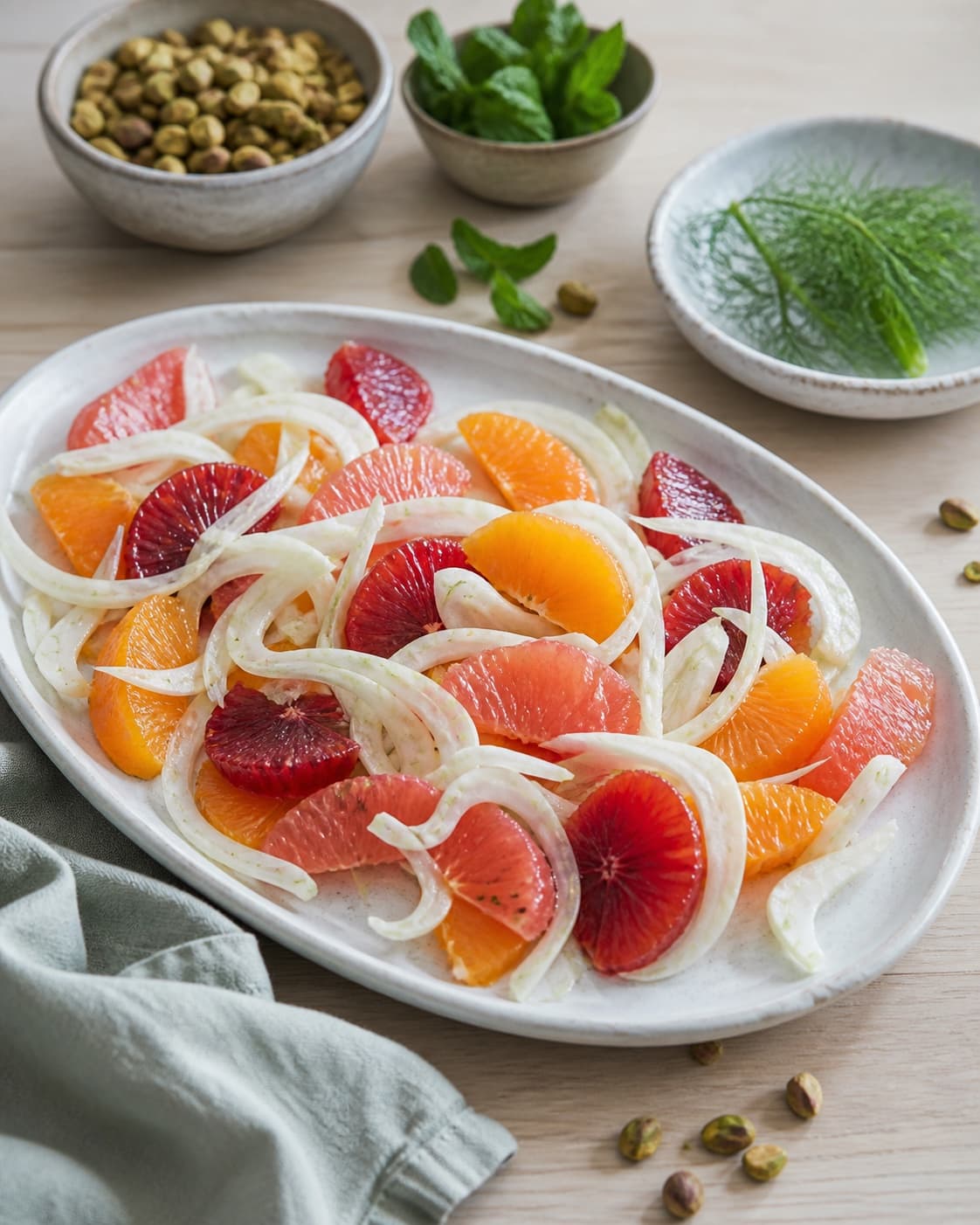 farverige citrusfileter og papirtynd fennikel samles løst på koldt råhvidt fad mens pistacie mynte og fennikeltop stadig ligger som separate sidste toppings; kontroltegnet er fileterne holder formen, fenniklen er sprød, pistacien tør og knasende, og salaten er kold uden en stor sø af dressing