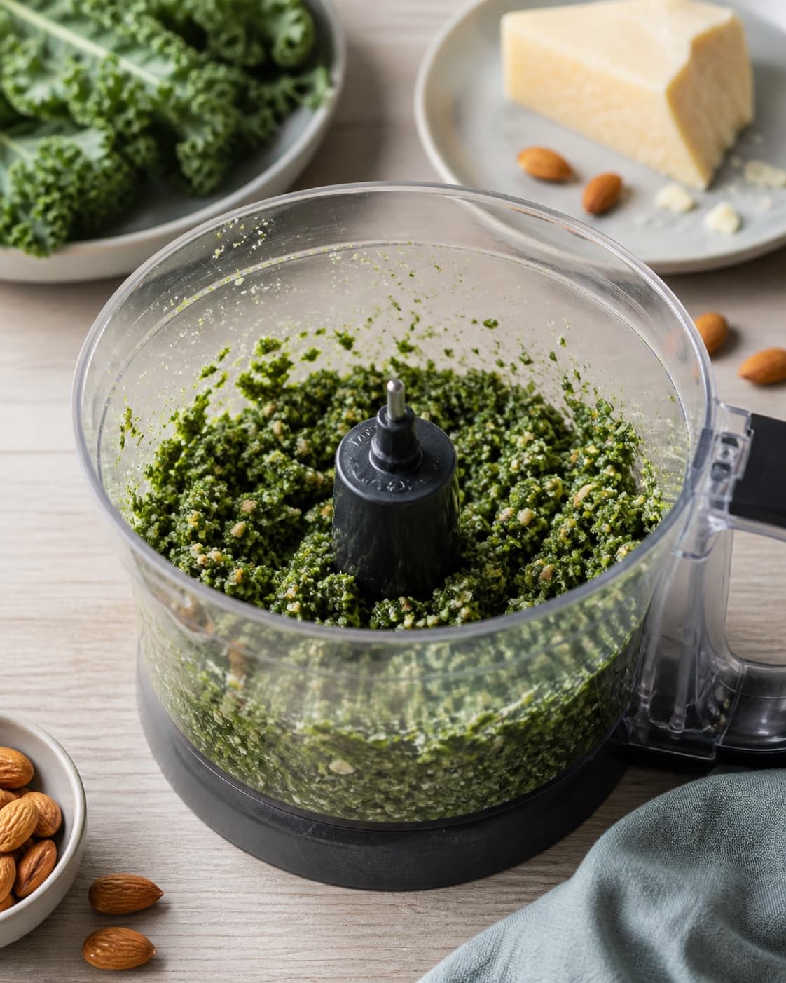 grov mat mørkegrøn pestobase med synlige fine mandel- og ostestykker sidder lavt i en åben foodprocessor uden tilsat olie; kontroltegnet er massen er grov og klart mørkegrøn med synlige små mandel- og ostestykker uden fri olie eller varm glat puré