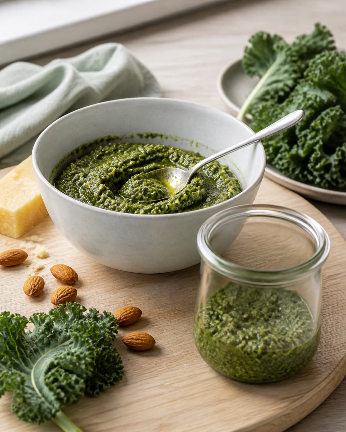 grov blank mørkegrøn pesto røres ske-fast i en kold lys skål og fyldes i en helt ren lille udekoreret beholder; kontroltegnet er pestoen er blank, frisk mørkegrøn og grov, holder en blød ske-rille og er kold uden vand i bunden