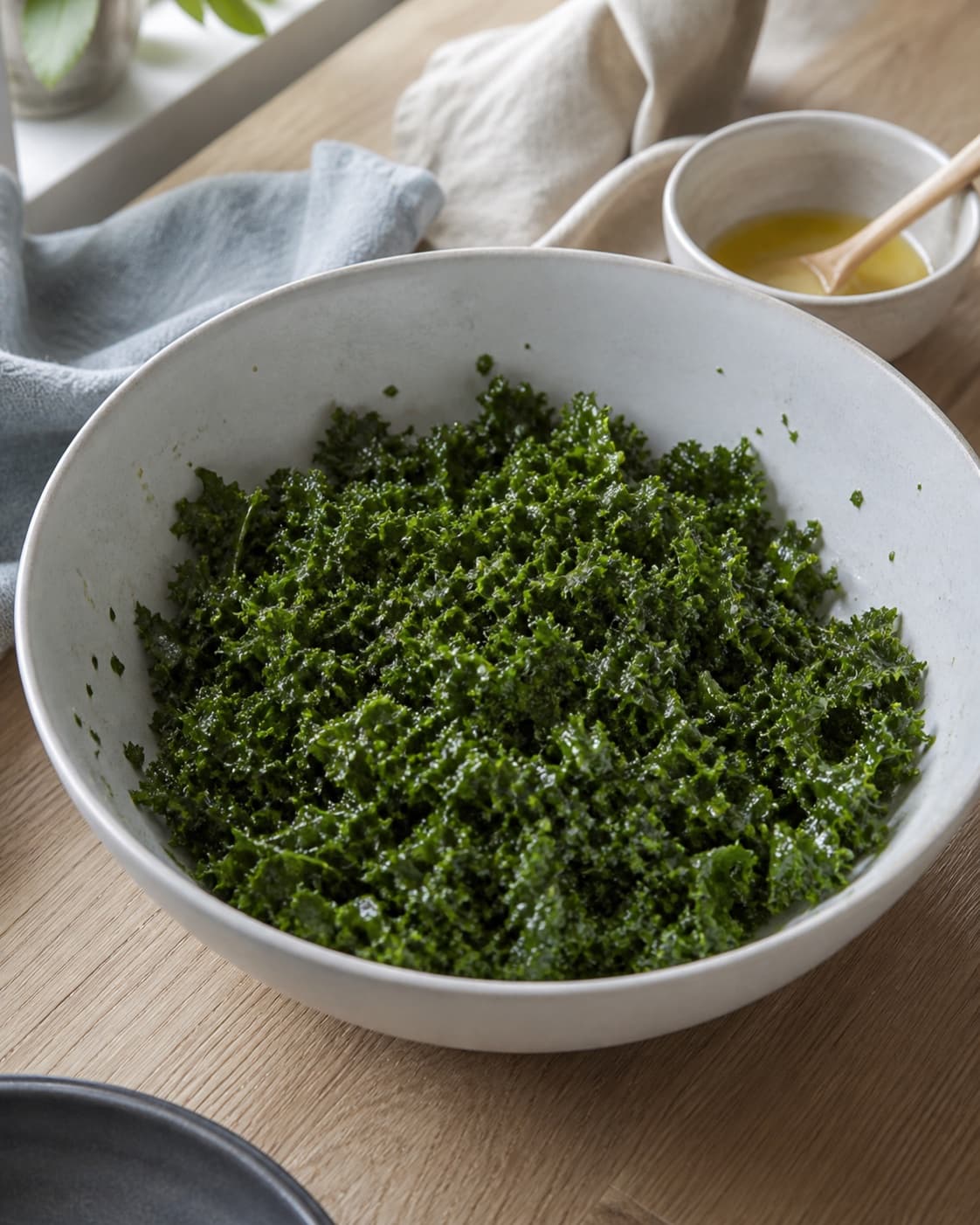 fintsnittet grønkål masseres let med en lille mængde blank gylden dressing i en stor lys skål uden frugt eller nødder; kontroltegnet er dressingen er samlet og blank, og kålen er mørkegrøn og let blødgjort men stadig spændstig uden væske i bunden