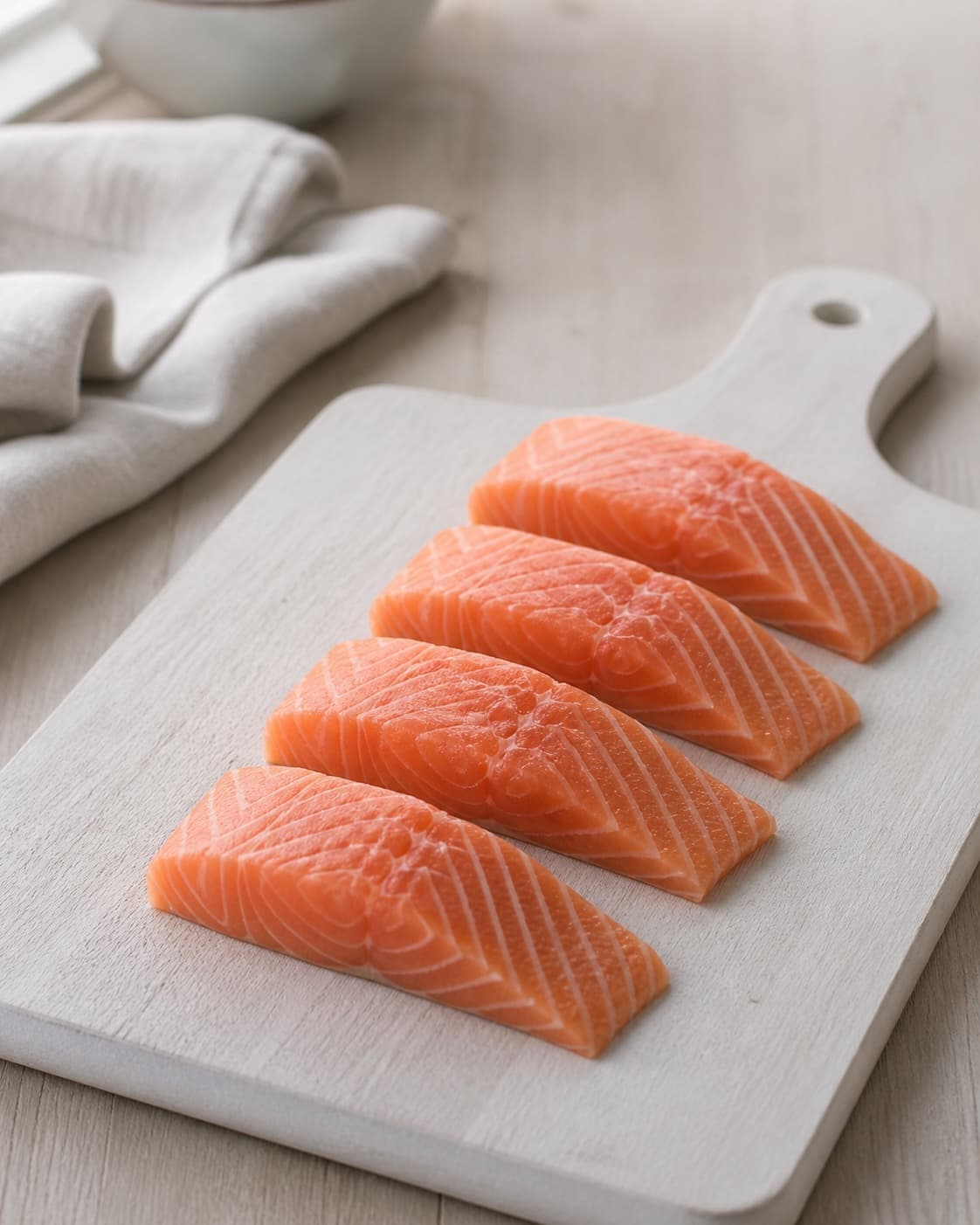 fire ens kolde tørre rå lakseportioner ligger på et separat lyst fiskebræt med ren pincet og ingen grøntsager eller færdig mad; kontroltegnet er laksestykkerne er ens, kolde og tørre uden ben, misfarvning eller fremmed lugt, og råfiskeredskaberne er fjernet
