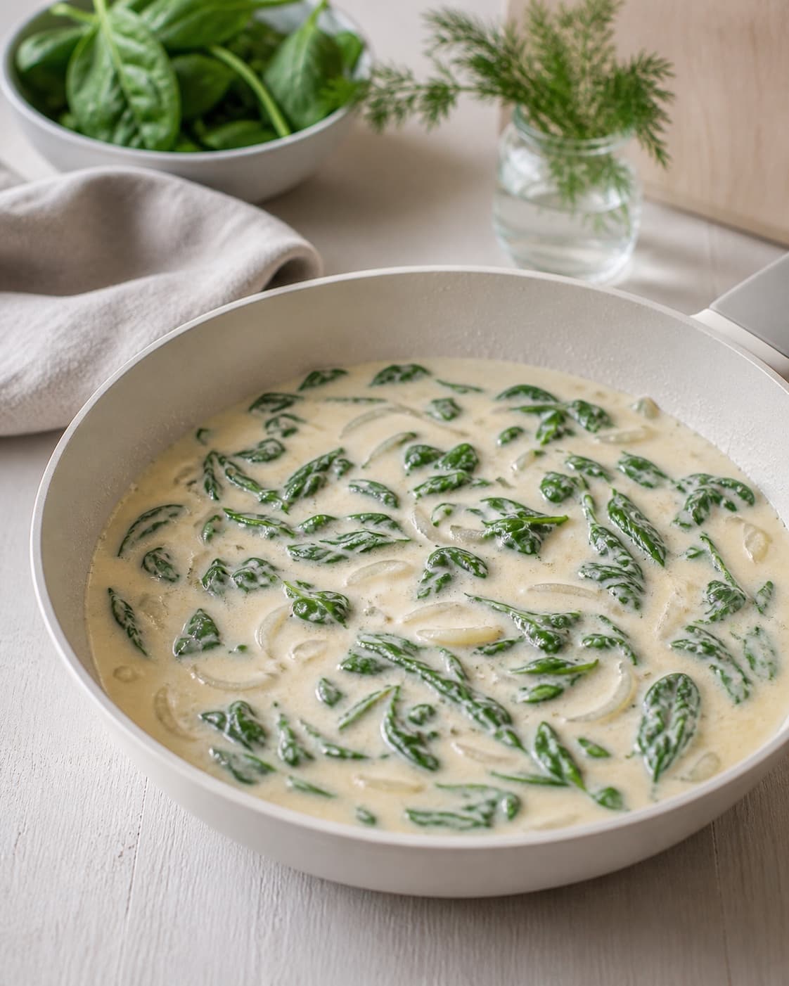let blank flødesauce med bløde skalotteløg og netop sammenfaldet grøn spinat simrer roligt i en lys pande uden pasta eller laks; kontroltegnet er saucen er let cremet og blank med bløde løg og netop sammenfaldet klart grøn spinat uden hård kogning eller skilt fedt