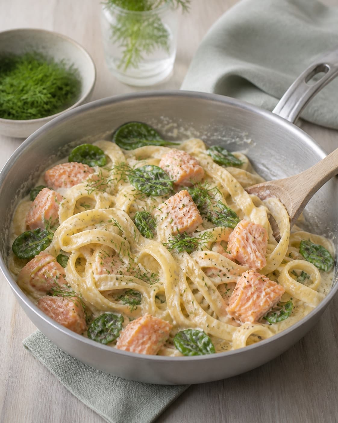 tagliatelle vendes i et tyndt blankt lag citronsauce med grøn spinat mens store saftige lakseflager og frisk dild netop foldes nænsomt ind; kontroltegnet er saucen hænger i et tyndt blankt lag på pastaen, laksen ligger i store saftige flager, og spinat og dild er tydeligt grønne