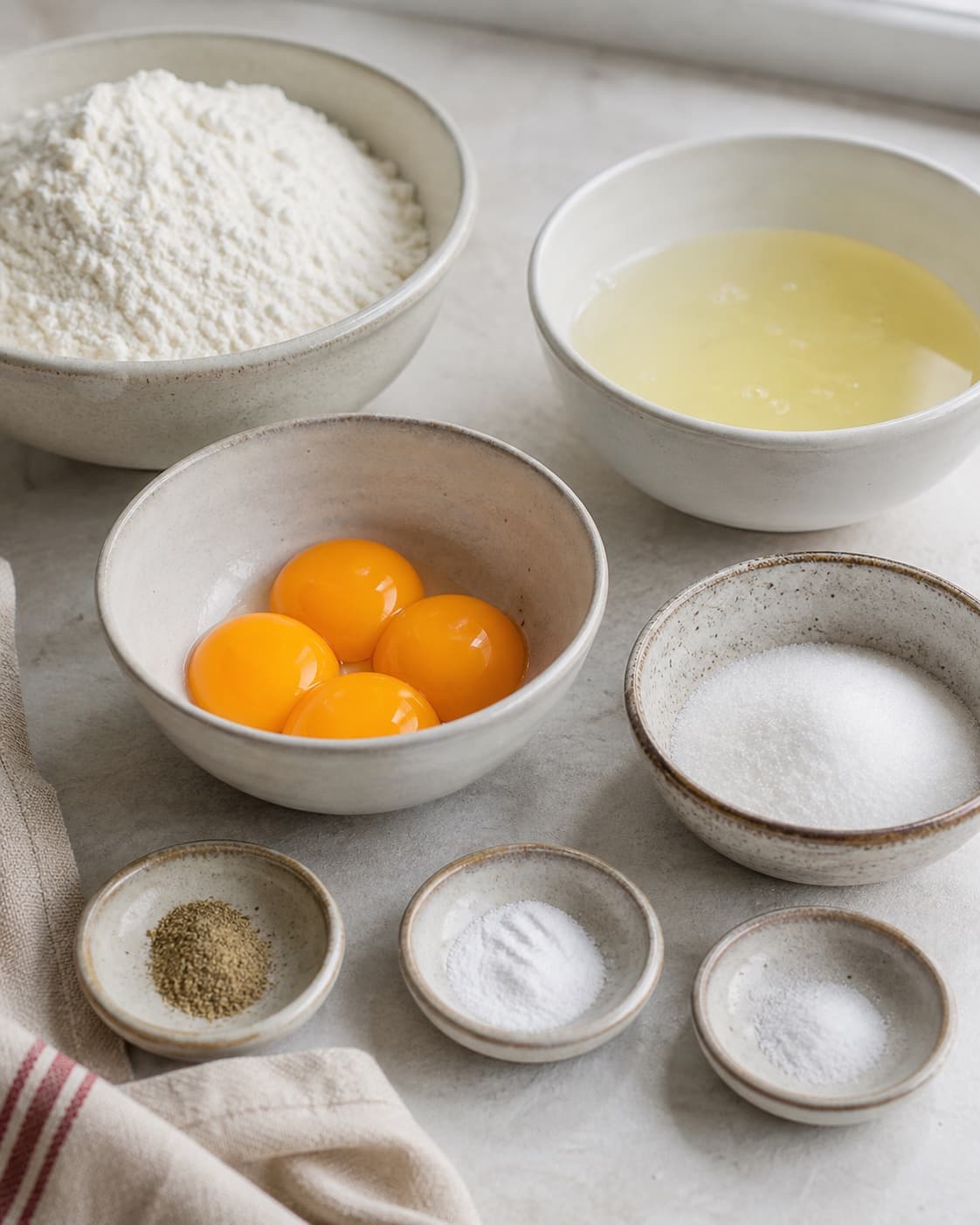 Eggs separated beside measured flour sugar cardamom baking soda and salt for Danish aebleskiver under tilberedningen af æbleskiver