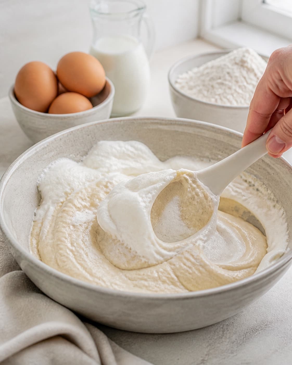 Thick buttermilk aebleskiver batter receiving softly whipped egg whites under tilberedningen af æbleskiver
