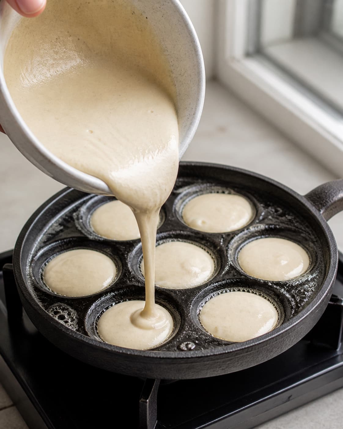 Aebleskiver batter being poured evenly into a buttered traditional pan under tilberedningen af æbleskiver