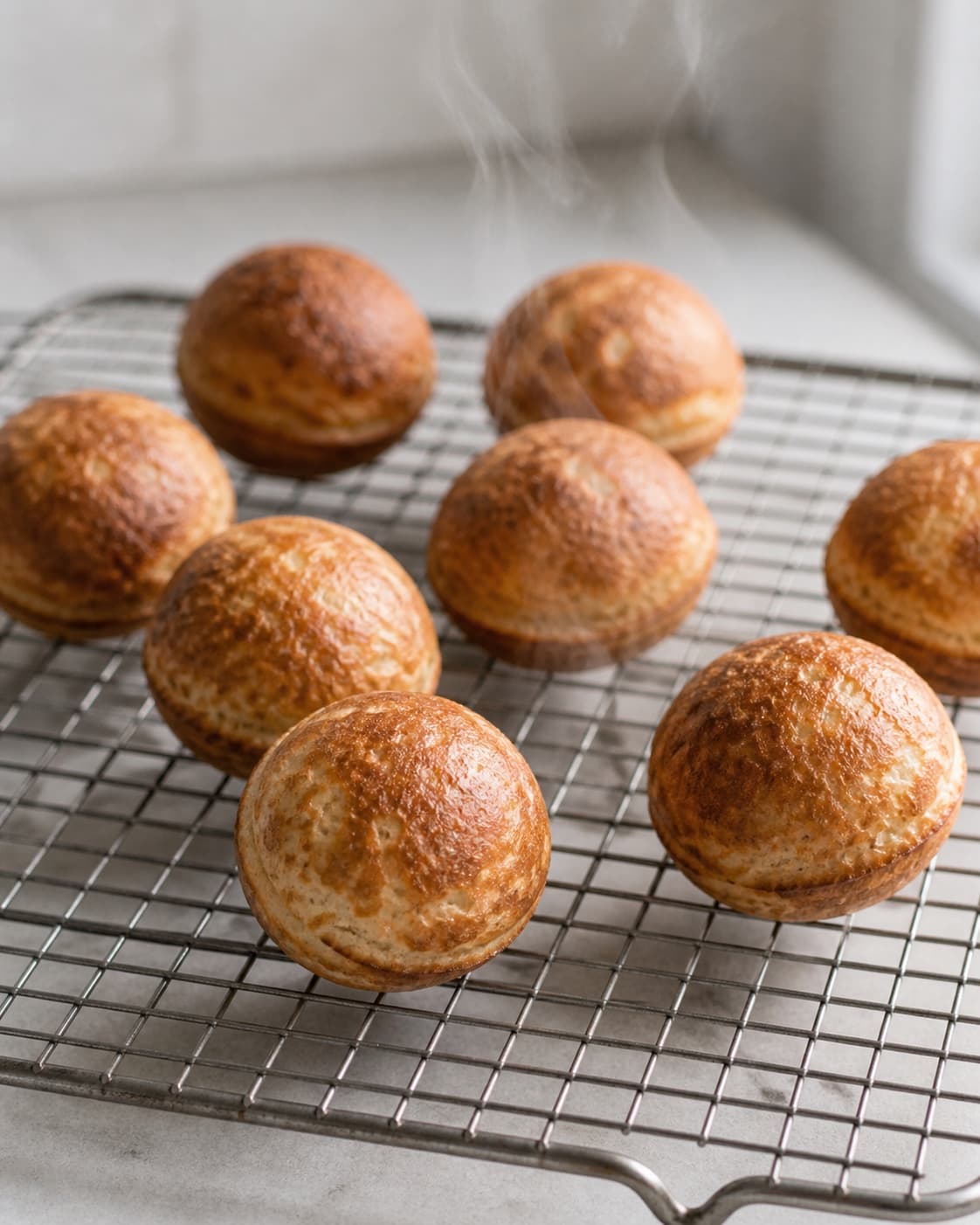Freshly fried round aebleskiver resting briefly on a wire rack before serving under tilberedningen af æbleskiver