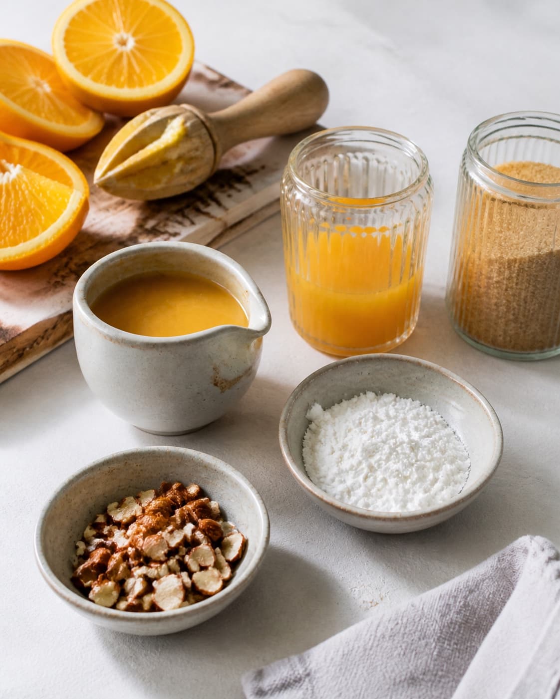 Fresh oranges being zested and juiced beside measured sugar starch almonds butter vanilla and salt under tilberedningen af appelsinsauce og karameliserede mandler til risalamande