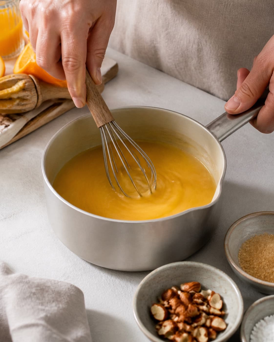 Orange juice sugar vanilla and salt heating to a clear fragrant sauce base under tilberedningen af appelsinsauce og karameliserede mandler til risalamande