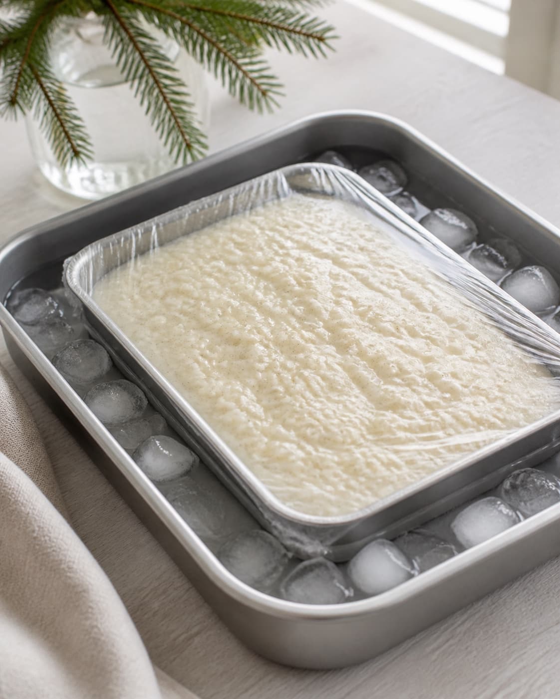 Vanilla rice porridge cooling in a shallow covered tray over an ice bath under tilberedningen af risalamande