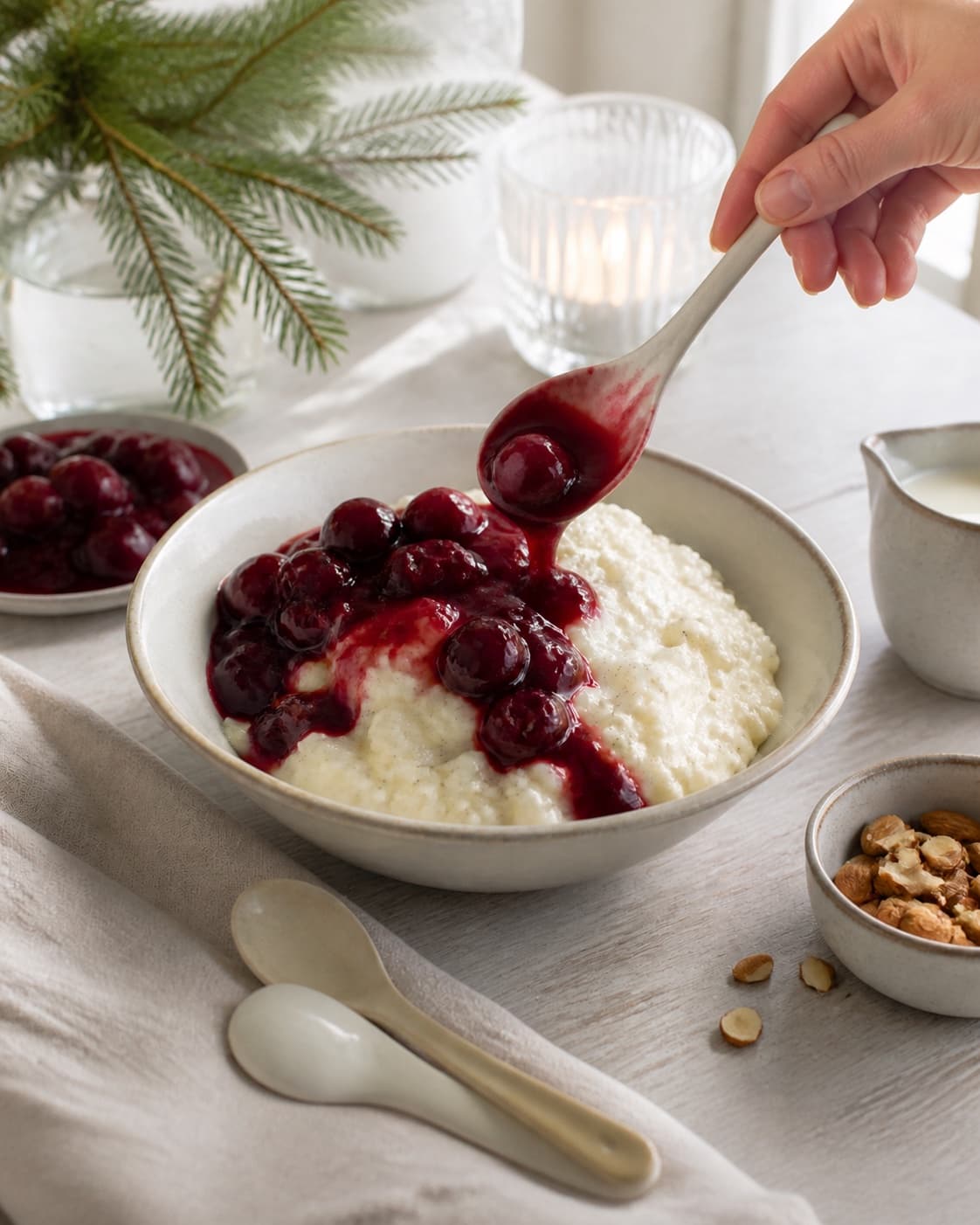 Cold risalamande in bowls with warm cherry sauce being poured at the table under tilberedningen af risalamande