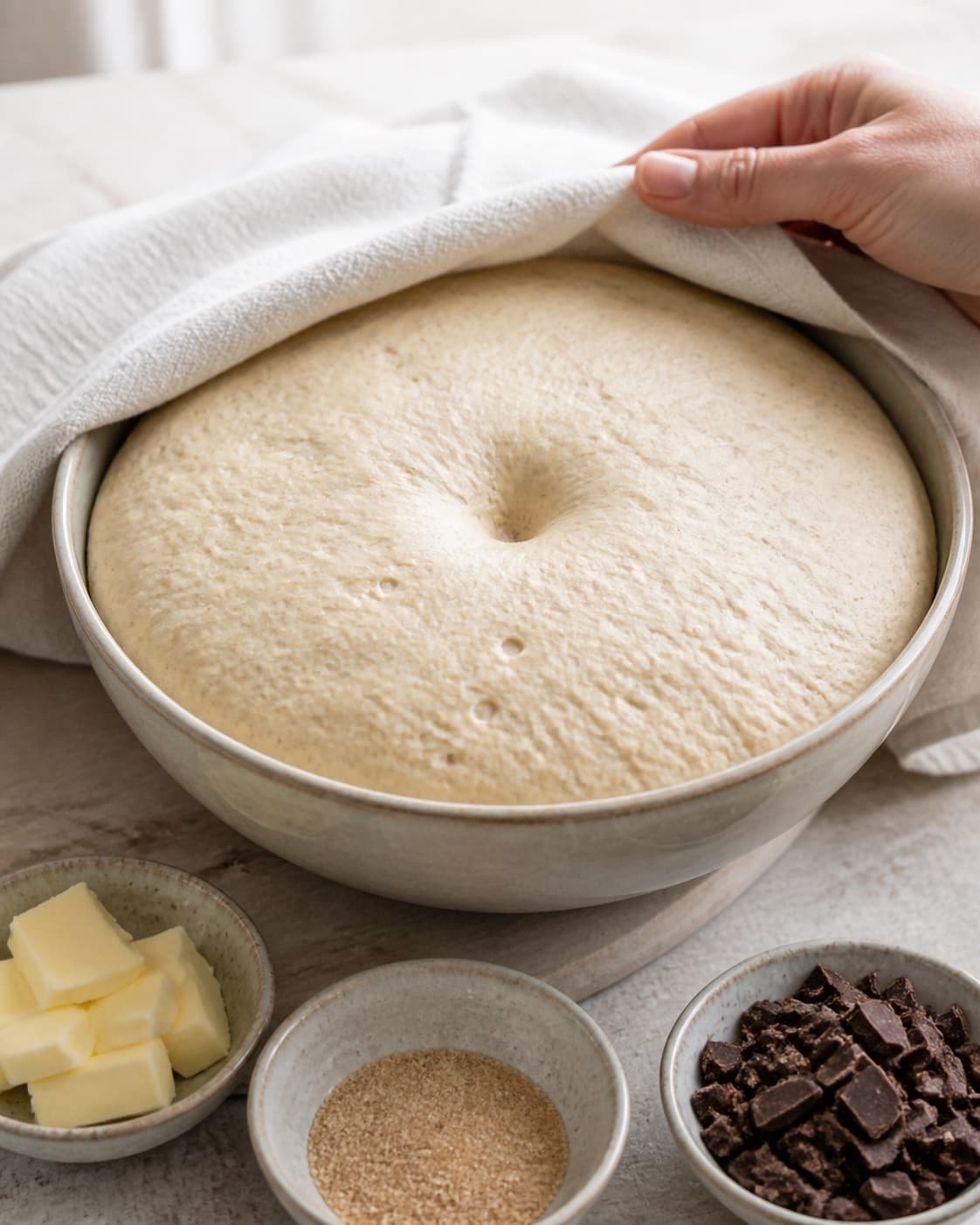 Elastic sweet dough proofed until airy and almost doubled in size under tilberedningen af kanelboller med chokolade