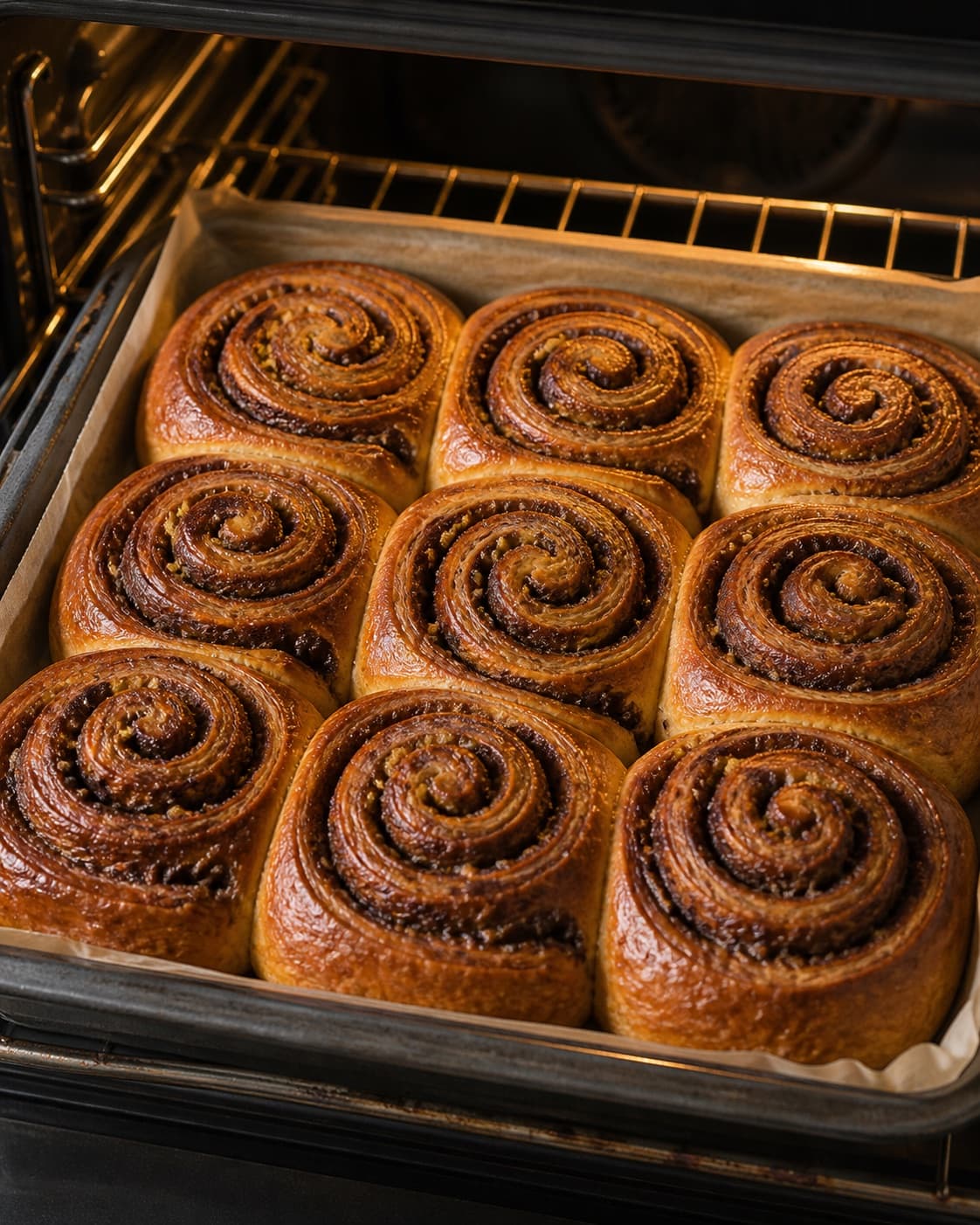 Cinnamon chocolate buns baking closely together until deep golden and fully baked under tilberedningen af kanelboller med chokolade