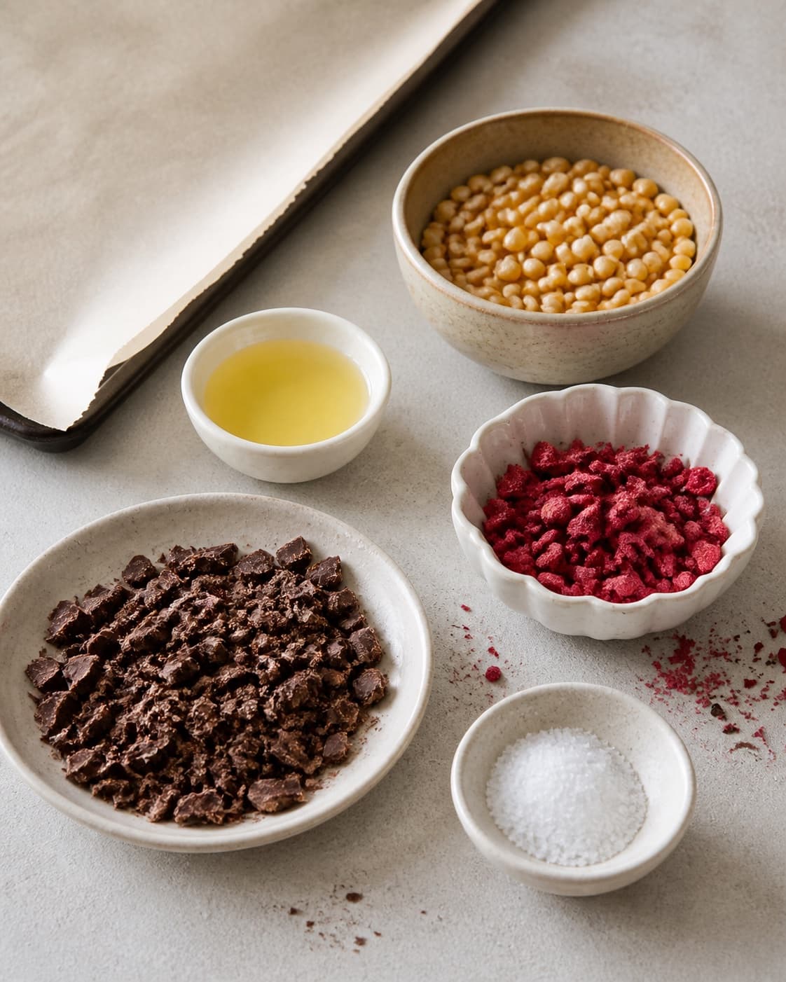 Popcorn kernels oil chopped dark chocolate freeze dried raspberries and sea salt measured separately under tilberedningen af choko popcorn