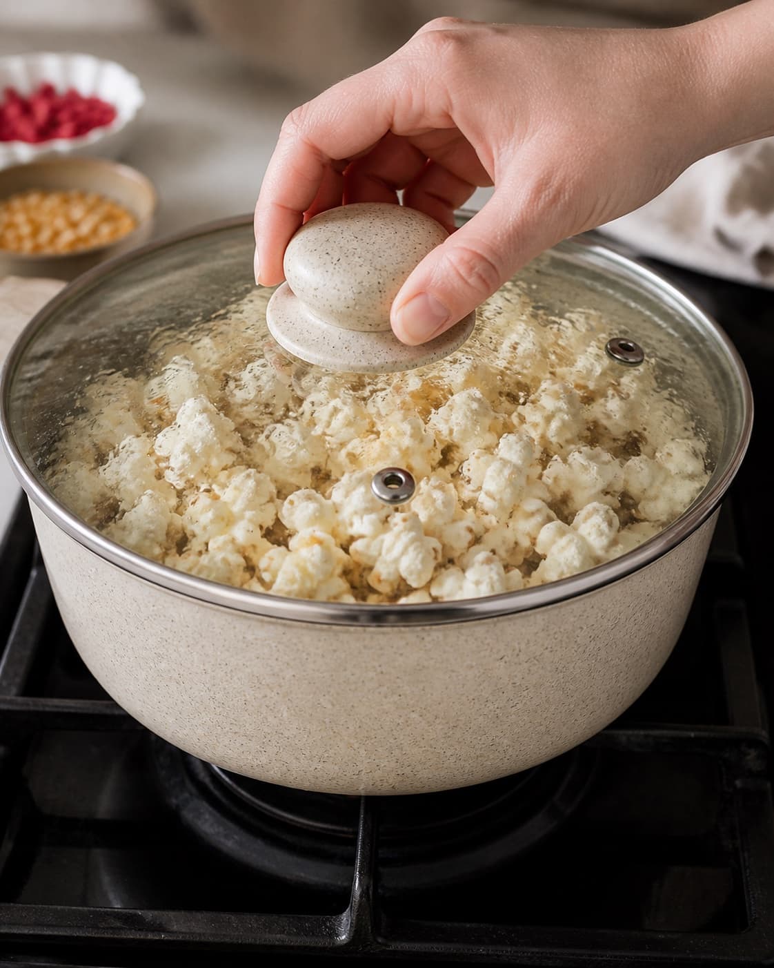 Popcorn kernels popping evenly in a covered pot with a thin film of oil under tilberedningen af choko popcorn