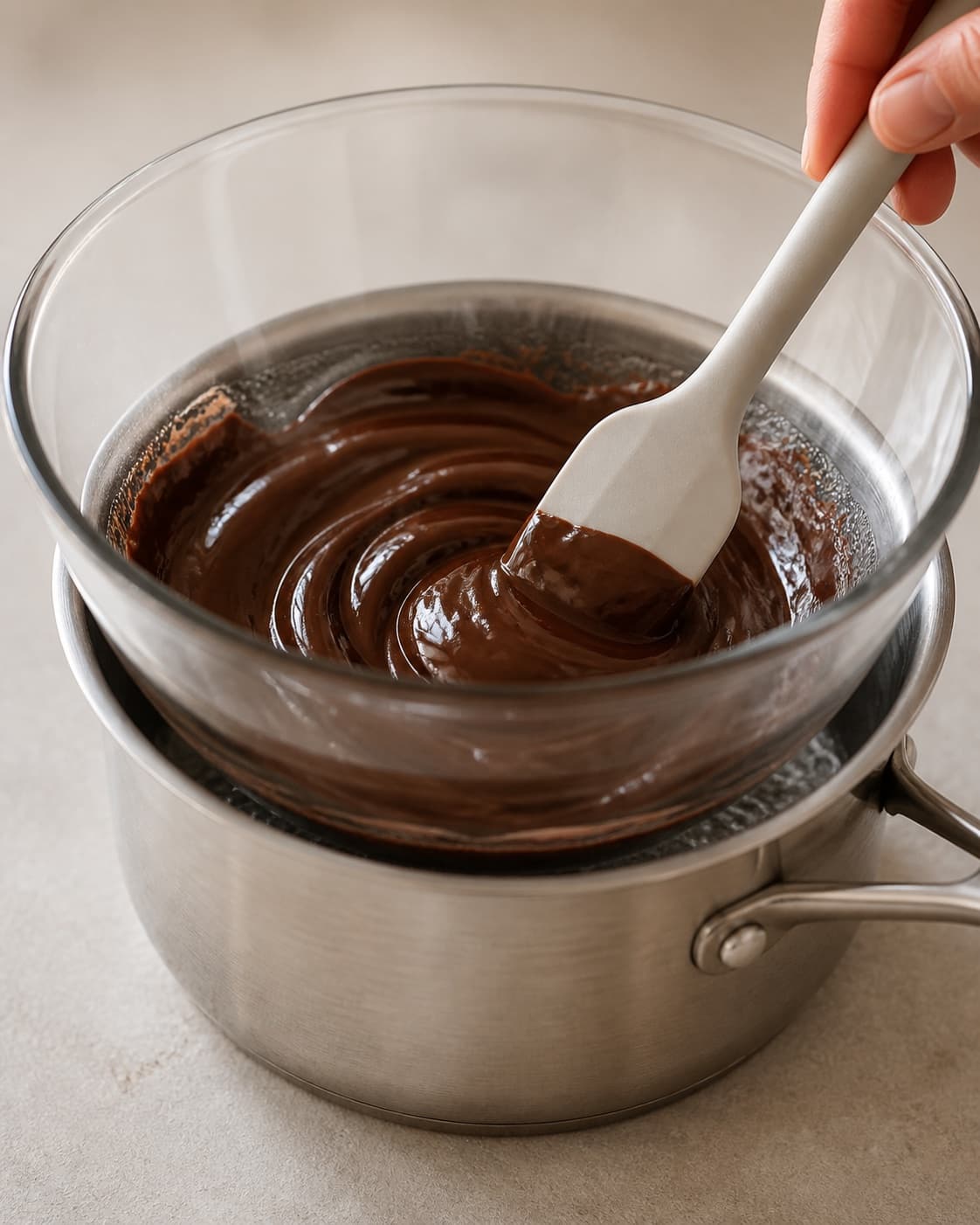 Dark chocolate melting gently over a water bath until glossy under tilberedningen af choko popcorn