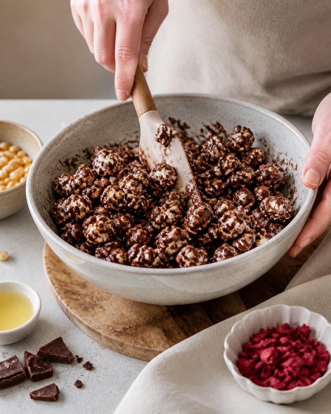Fresh popcorn being drizzled with dark chocolate and dusted with raspberry and sea salt under tilberedningen af choko popcorn