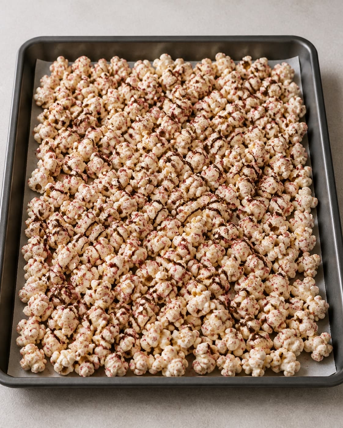 Chocolate raspberry popcorn setting in one loose even layer on parchment under tilberedningen af choko popcorn