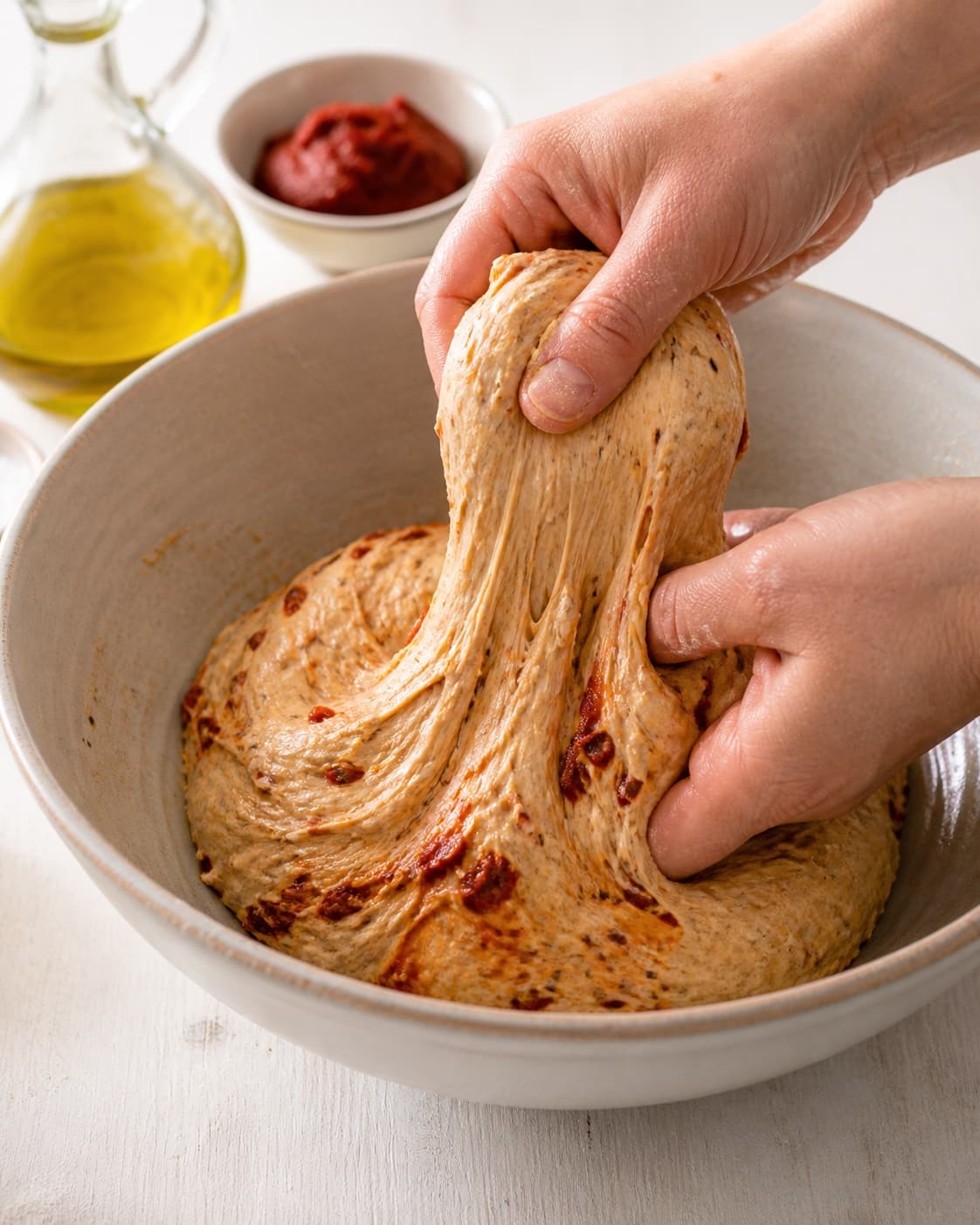 Tomato paste olive oil and oregano being kneaded into elastic bread dough under tilberedningen af boller med tomat og bacon