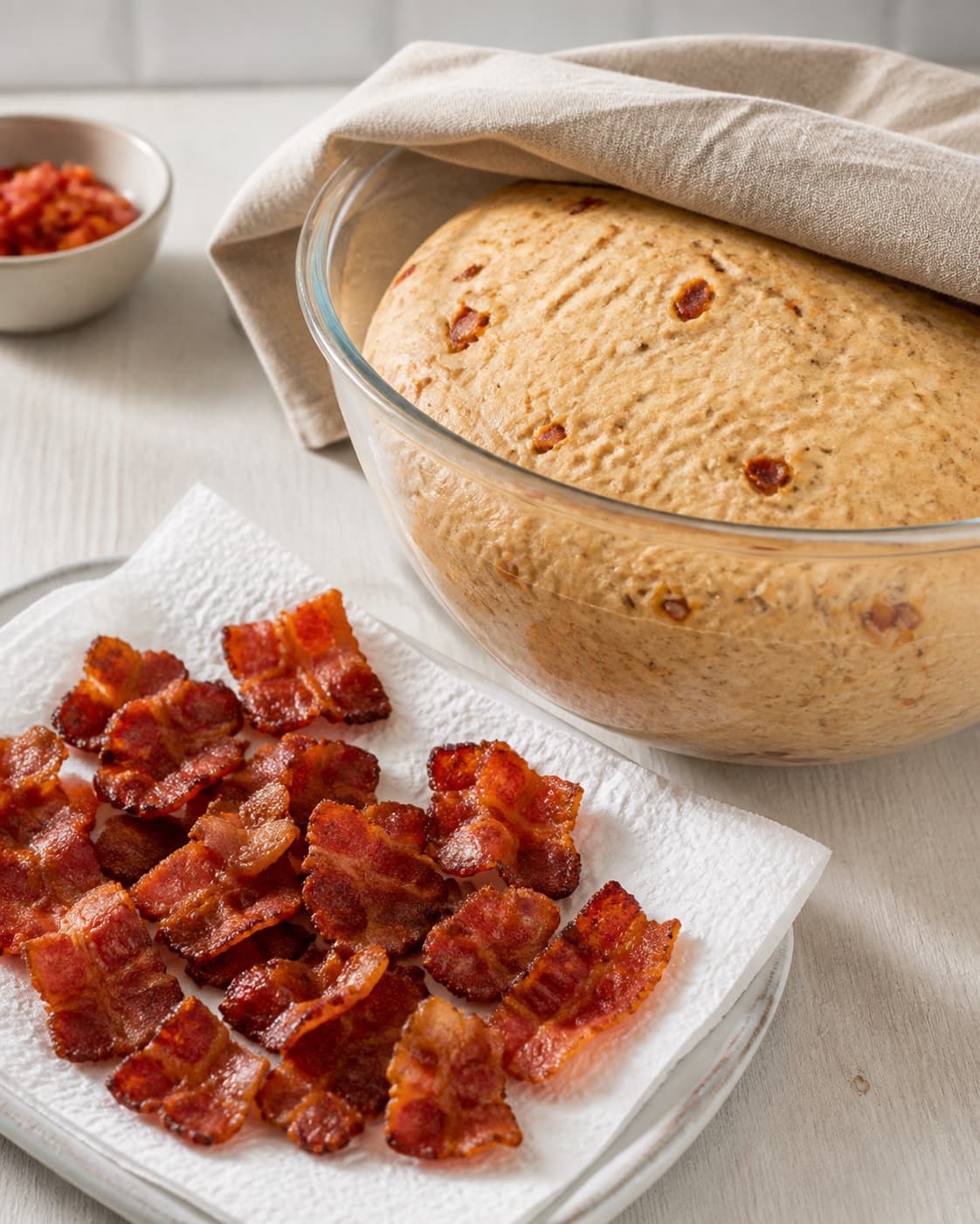Crisp bacon cooling beside airy tomato oregano dough during proofing under tilberedningen af boller med tomat og bacon