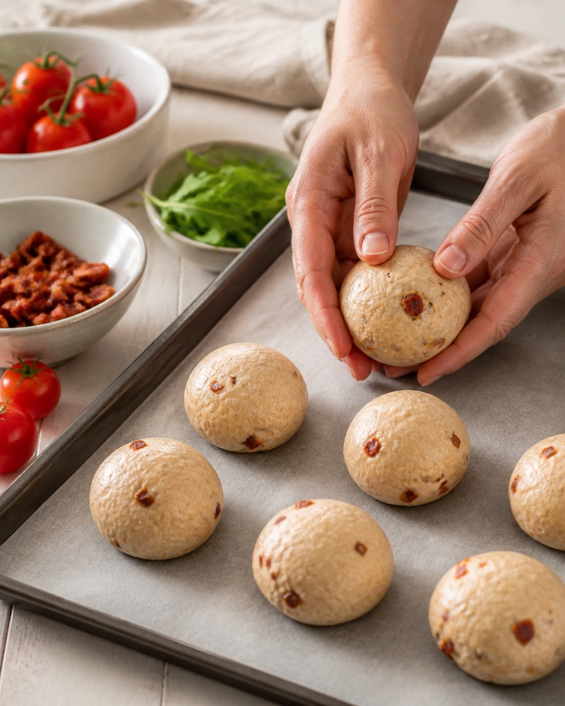 Crisp bacon pieces being folded into tomato dough before equal buns are shaped under tilberedningen af boller med tomat og bacon