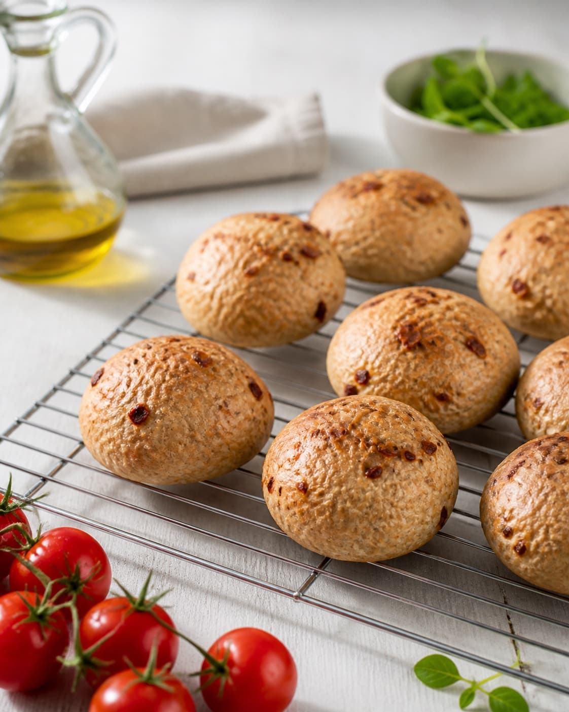 Tomato bacon buns baking until golden with a fully set moist crumb under tilberedningen af boller med tomat og bacon