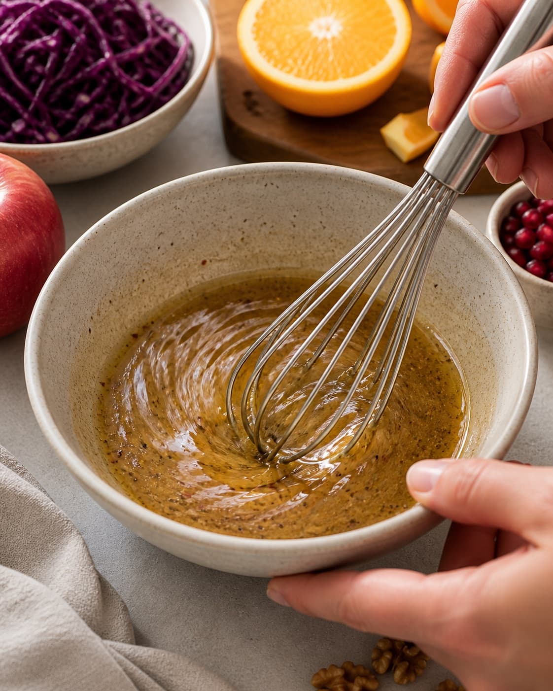 Apple cider vinegar olive oil honey salt pepper and orange juice whisked into a glossy dressing under tilberedningen af rødkålssalat med æble