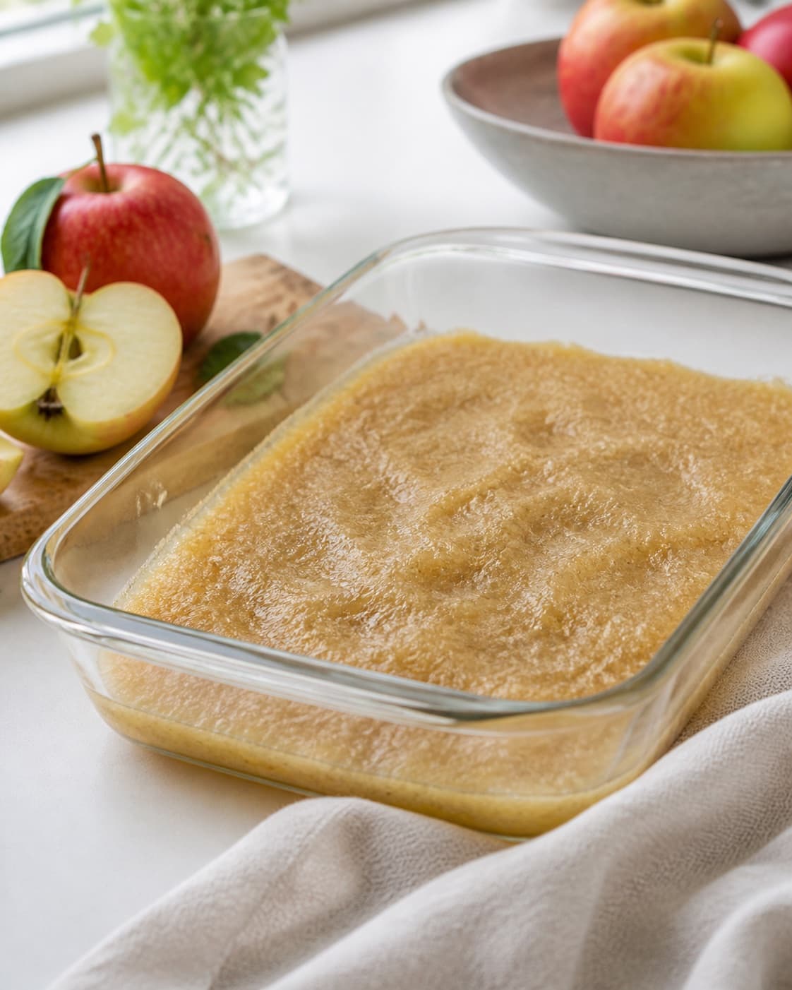 Textured apple compote cooling quickly in a shallow covered tray under tilberedningen af gammeldags æblekage med ristet rasp og flødeskum