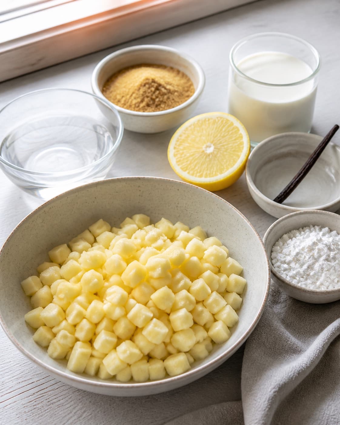 Tart apple cubes beside measured water sugar lemon vanilla cornstarch and cream under tilberedningen af æblegrød