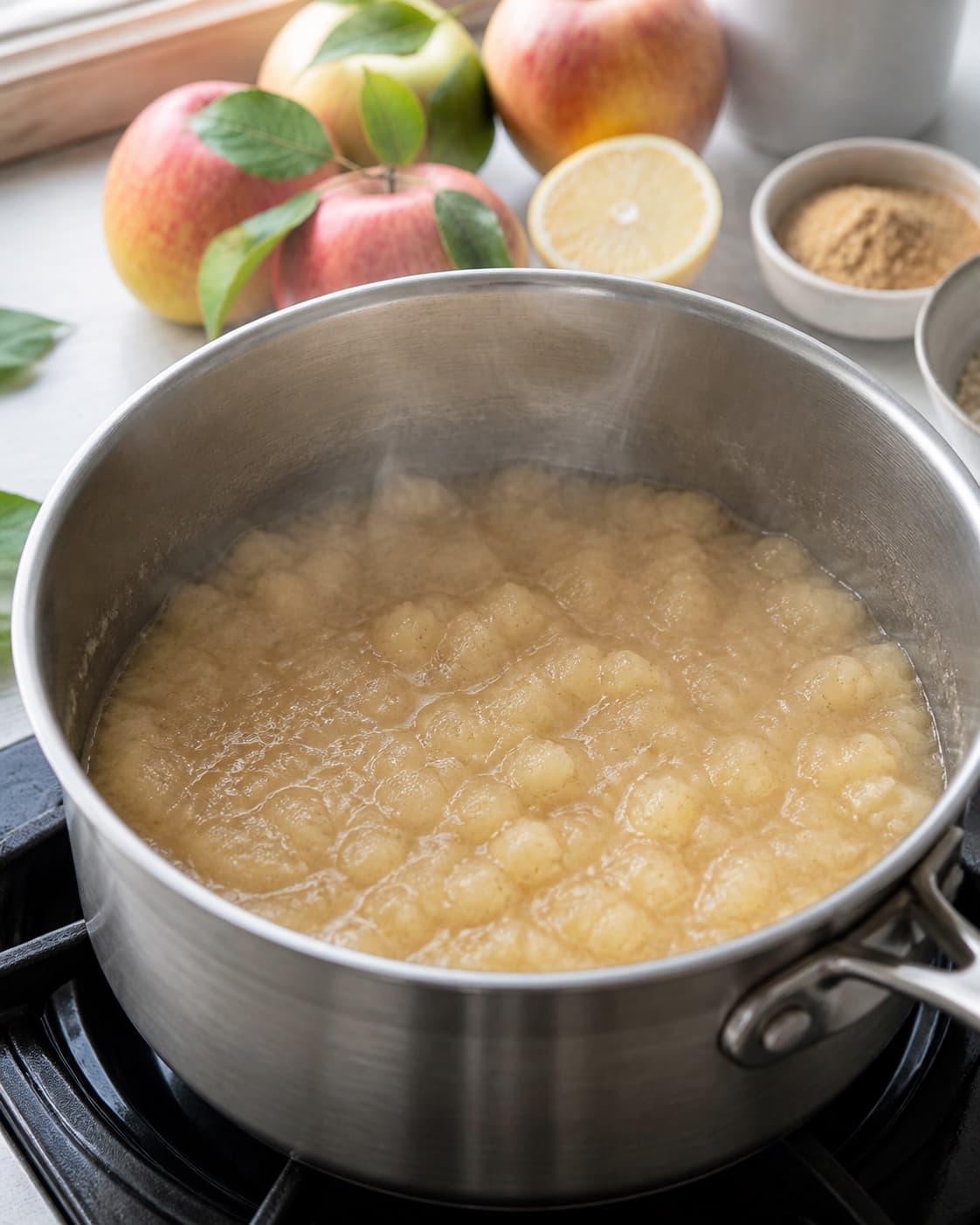 Apple cubes beginning to soften with vanilla sugar and a small amount of water under tilberedningen af æblegrød