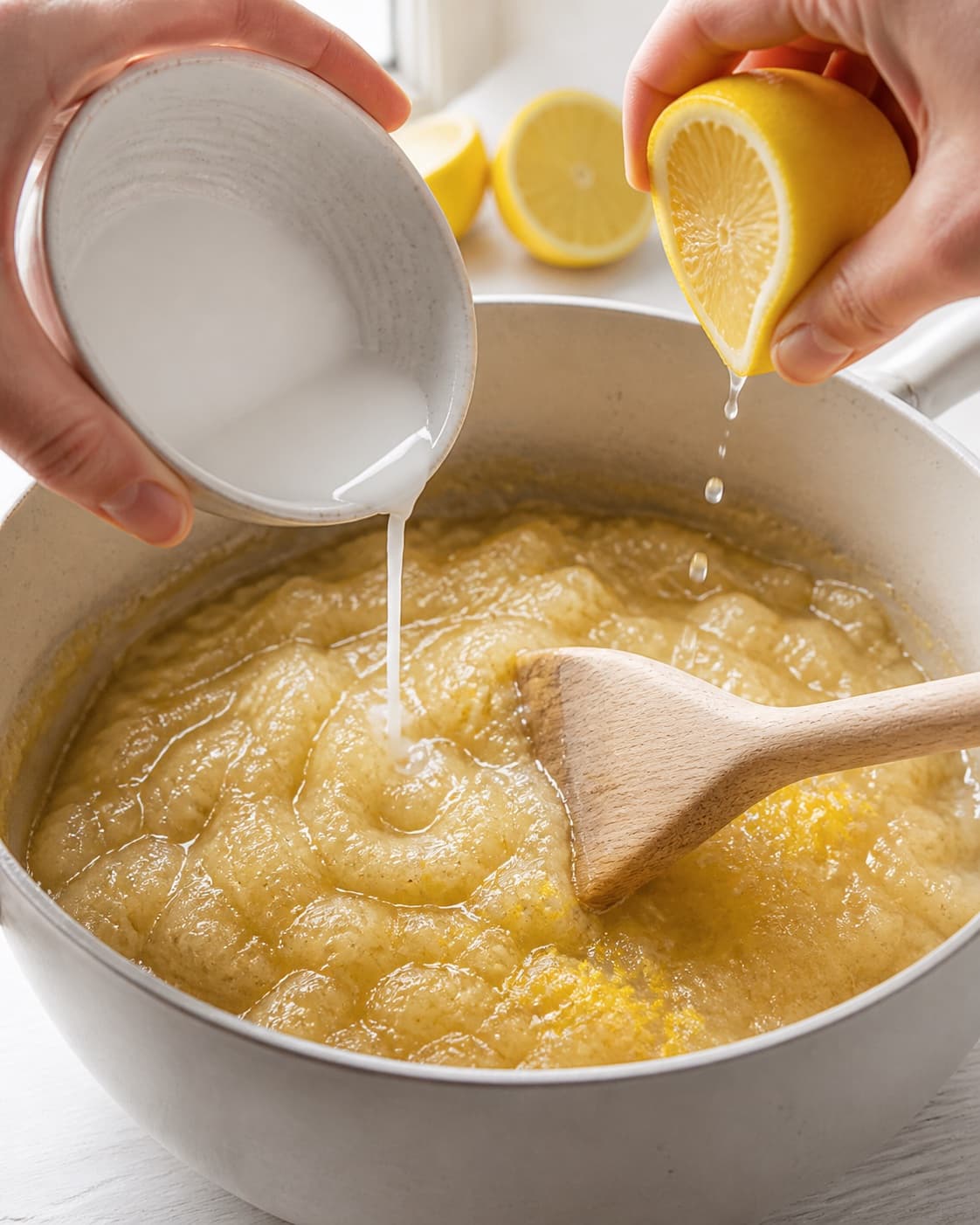 Cornstarch slurry and fresh lemon being added sparingly to textured apple porridge under tilberedningen af æblegrød