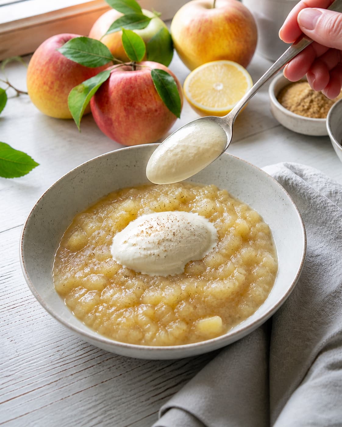 Cold textured apple porridge served in bowls with softly whipped cream under tilberedningen af æblegrød