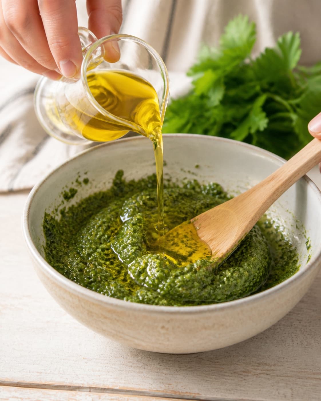Extra virgin olive oil being folded gradually into coarse parsley pesto under tilberedningen af persillepesto