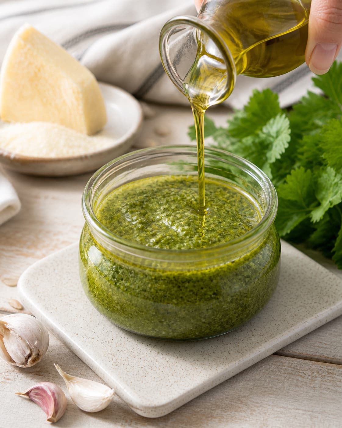 Finished bright green parsley pesto in a clean jar with a thin protective olive oil layer under tilberedningen af persillepesto