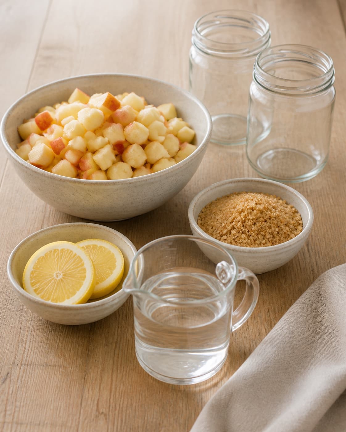 Even tart apple cubes beside sugar water lemon vanilla cinnamon and a clean jar under tilberedningen af æblekompot