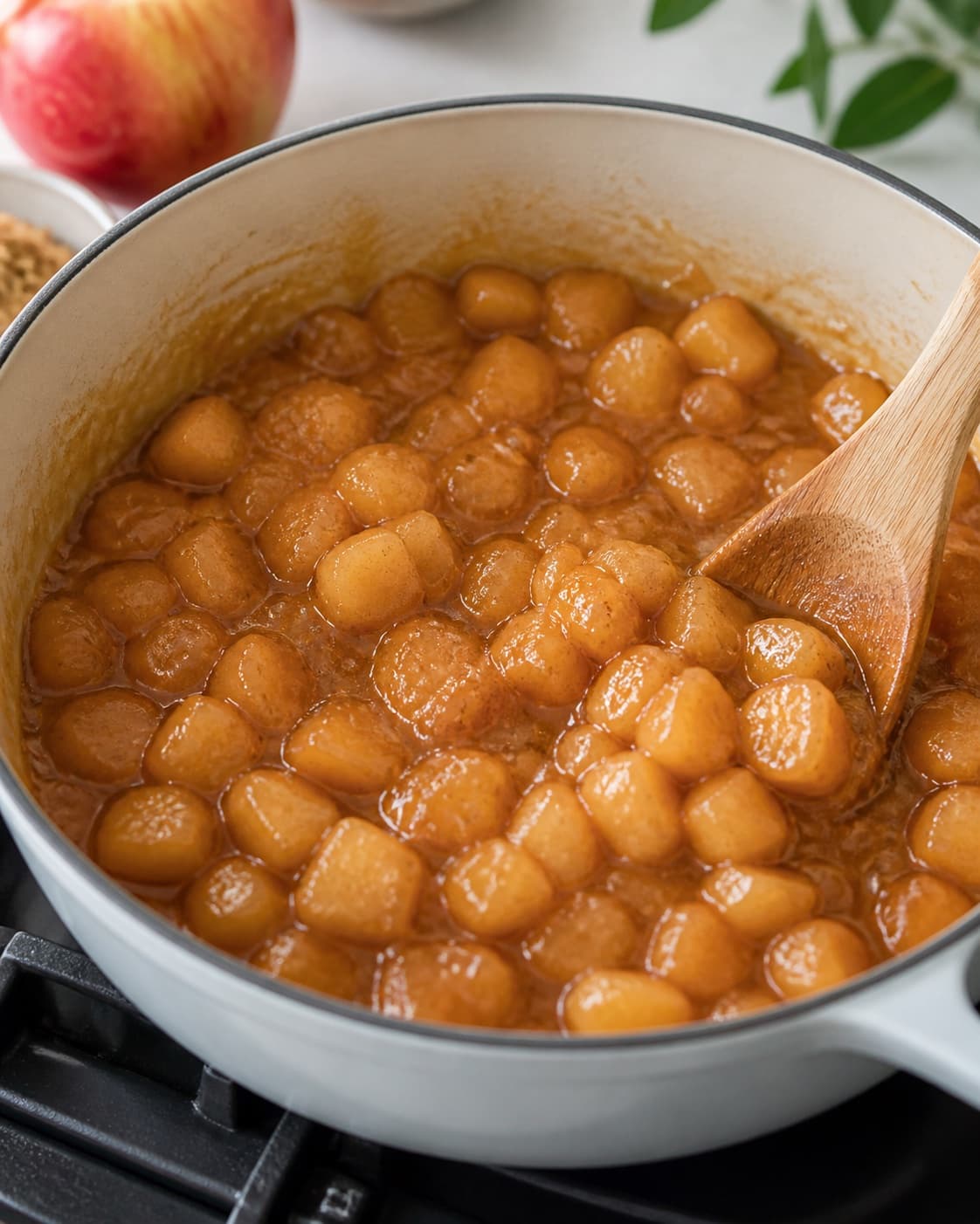 Apple cubes simmering in spiced syrup until tender yet visibly chunky under tilberedningen af æblekompot