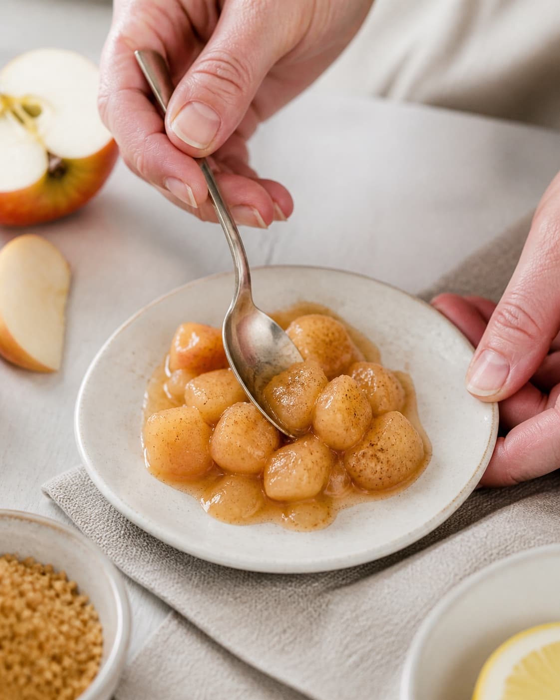 A spoonful of chunky apple compote cooling on a plate for a consistency test under tilberedningen af æblekompot