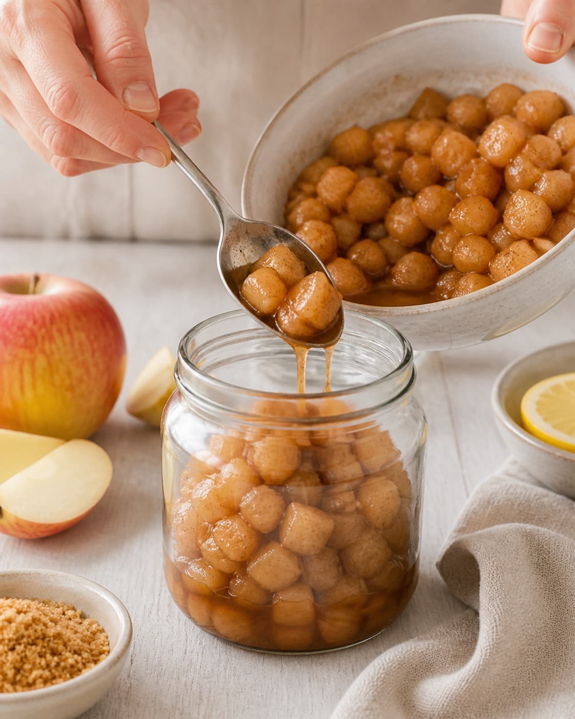 Hot chunky apple compote being transferred safely into a clean heatproof jar under tilberedningen af æblekompot