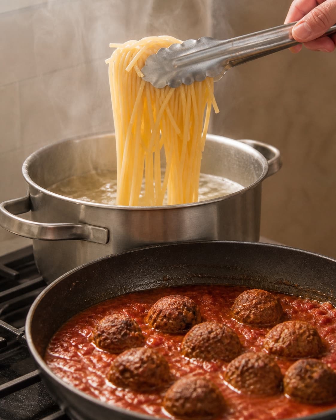 Spaghetti lifting from boiling water beside beef meatballs simmering in tomato sauce under tilberedningen af spaghetti à la lady og vagabonden