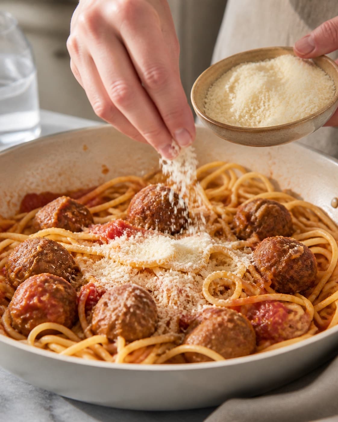 Grated parmesan being folded into glossy meatball spaghetti away from direct heat under tilberedningen af spaghetti à la lady og vagabonden