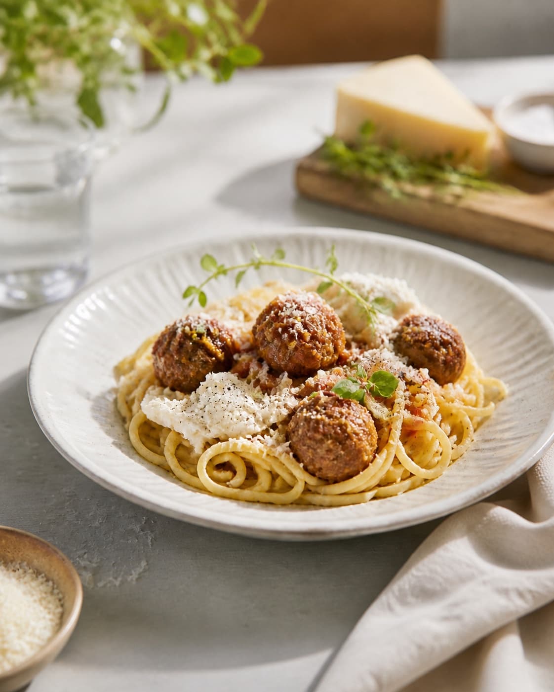 Meatball spaghetti plated immediately with torn fresh basil and parmesan under tilberedningen af spaghetti à la lady og vagabonden
