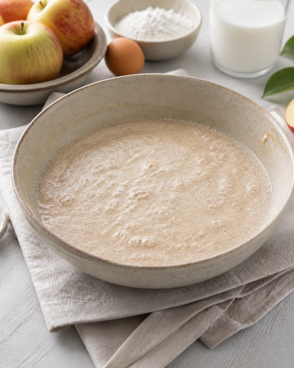 Thick cinnamon pancake batter with grated apple resting briefly in a bowl under tilberedningen af æblepandekager med kanel
